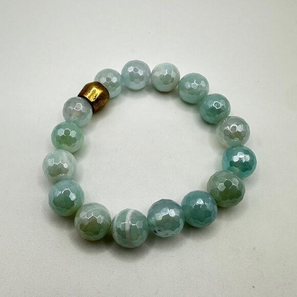 12mm faceted "Aquamarine" stone stretchy bracelet, size 7 - Picture 2 of 15
